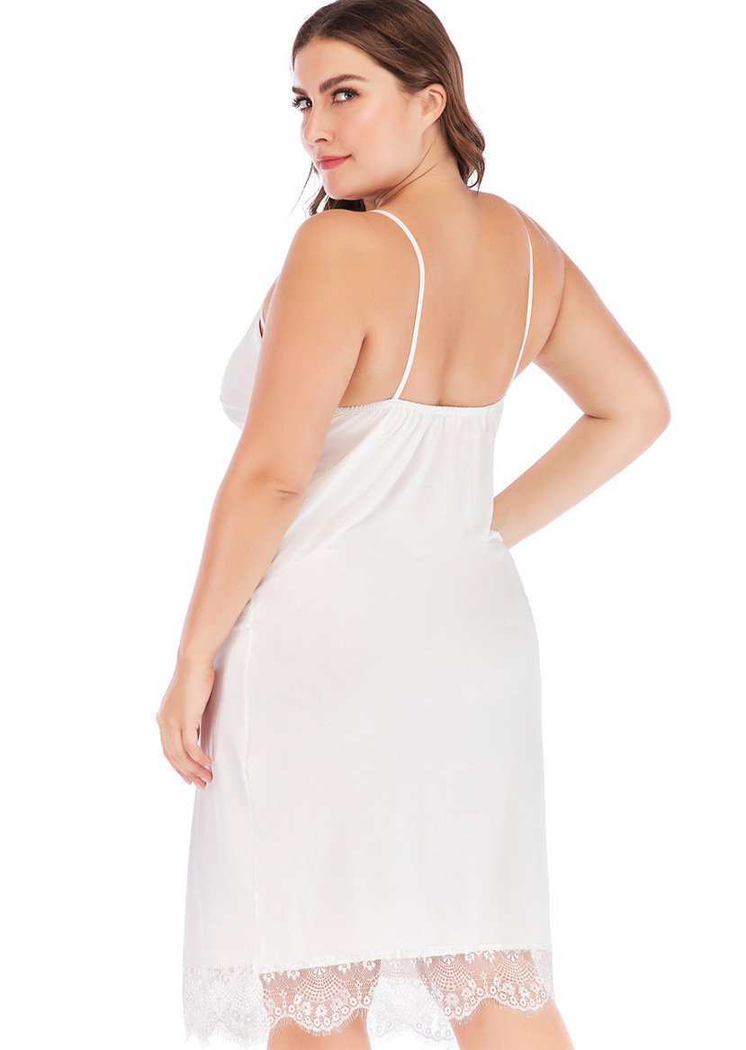 Large size women's sexy deep V strap dress in solid color with lace detailing, perfect for pajamas or nightwear.