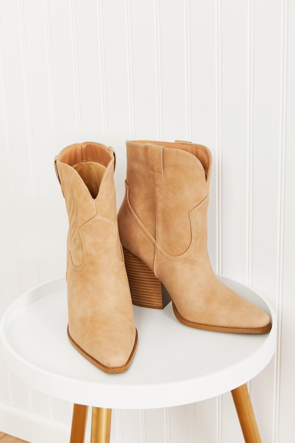 Lasso My Heart Cowboy Booties featuring a classic Western design with point toe and block heels in soft nubuck material.