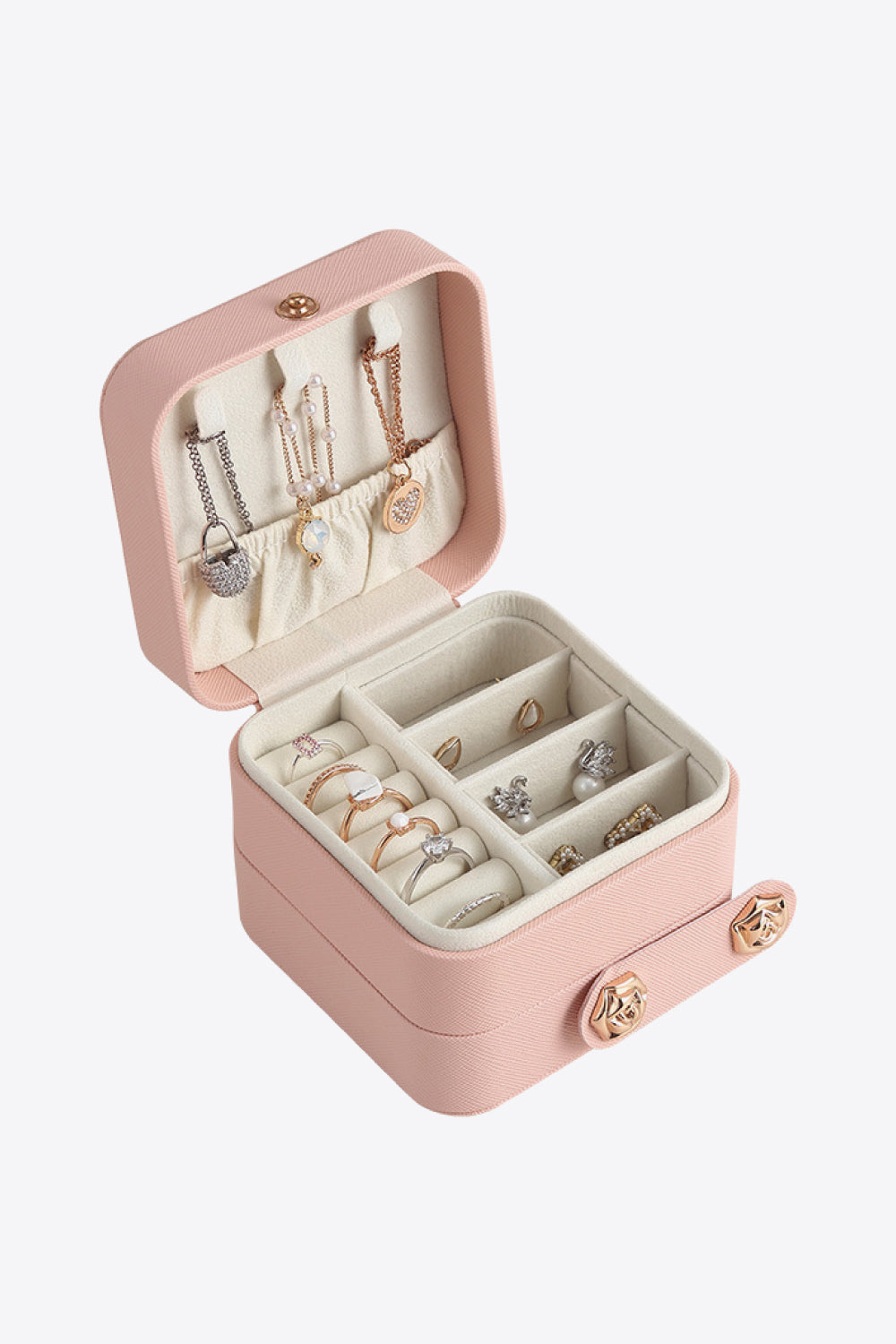 Layered Jewelry Storage Box made from durable PU material, featuring a stylish design and compact size for organizing jewelry.