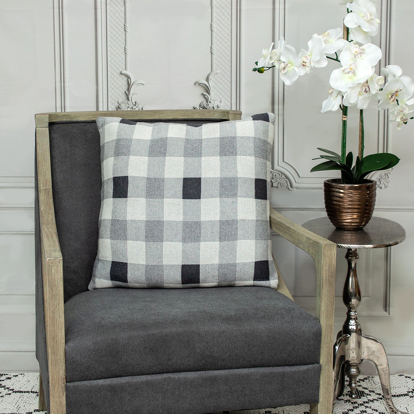 Lead Grey Checkered Pillow made from 100% cotton with a stylish checkered pattern in shades of grey, perfect for home decor.