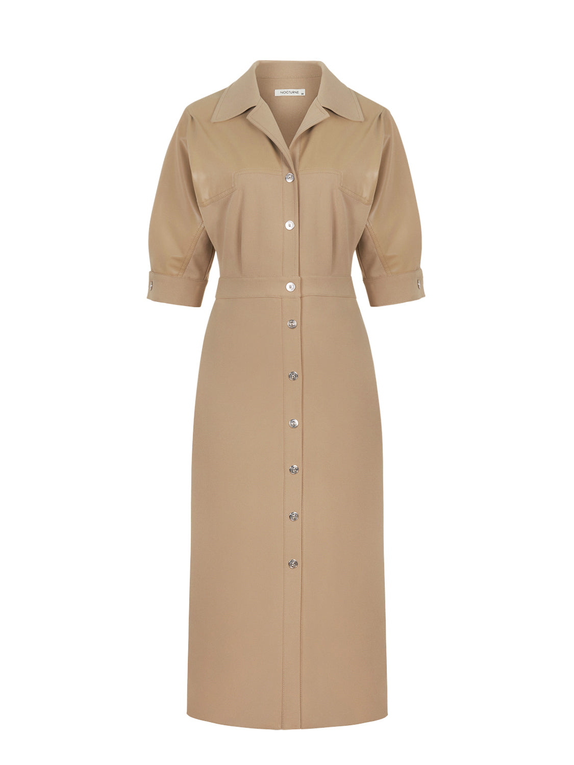 A stylish pleated midi dress featuring faux leather trimming, below-the-elbow sleeves, and a front metal snap button closure.