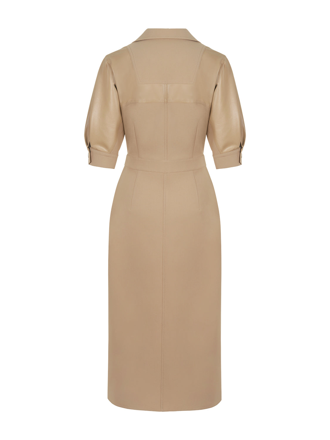 A stylish pleated midi dress featuring faux leather trimming, below-the-elbow sleeves, and a front metal snap button closure.