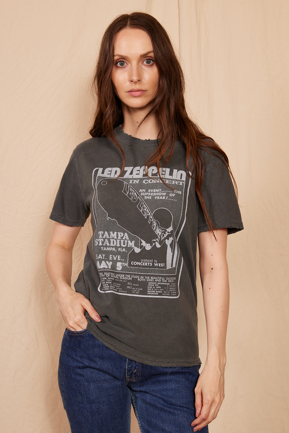 Led Zeppelin 1973 Sunkissed Tee made from organic cotton, featuring a vintage design with sun-kissed fabric, perfect for music lovers.