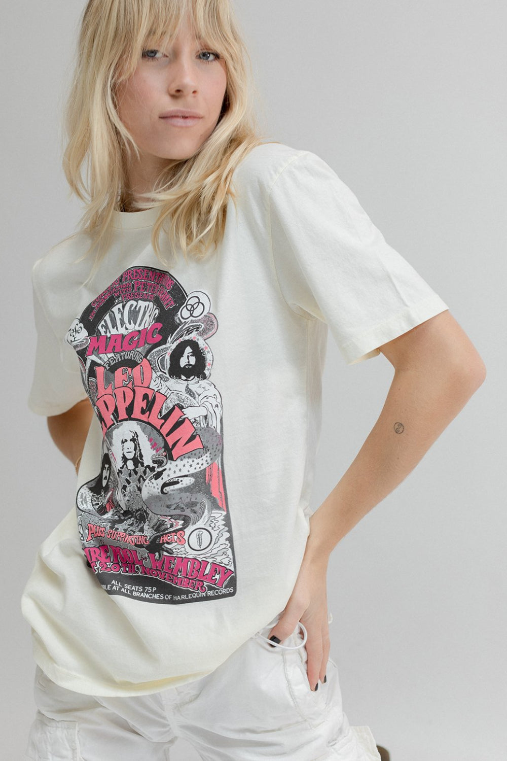 Led Zeppelin Electric Magic Tee in white featuring a vibrant graphic design, showcasing the band's iconic imagery.