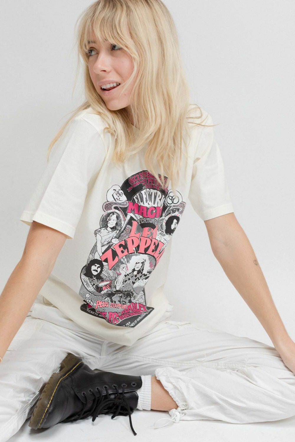 Led Zeppelin Electric Magic Tee in white featuring a vibrant graphic design, showcasing the band's iconic imagery.