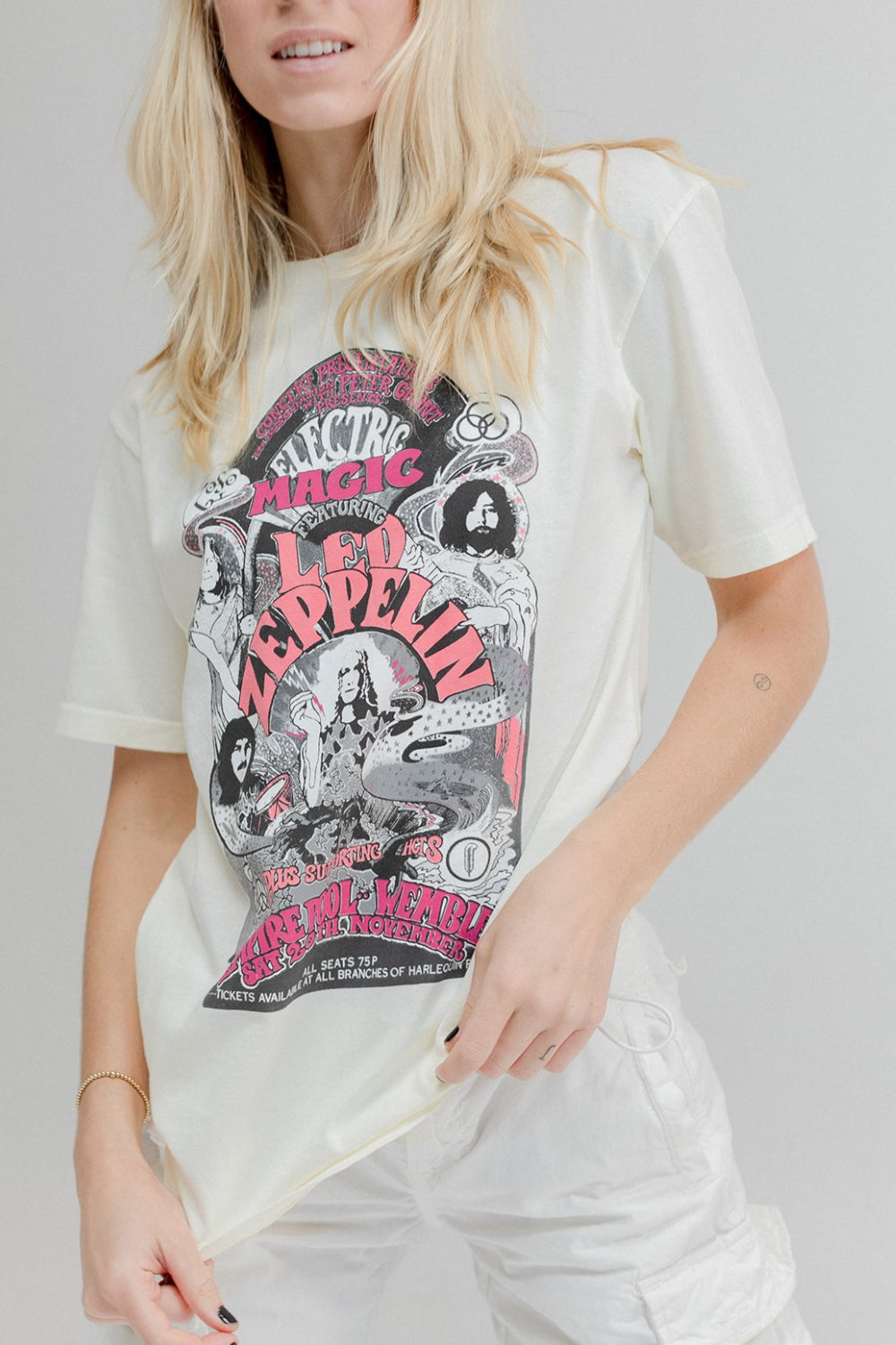 Led Zeppelin Electric Magic Tee in white featuring a vibrant graphic design, showcasing the band's iconic imagery.