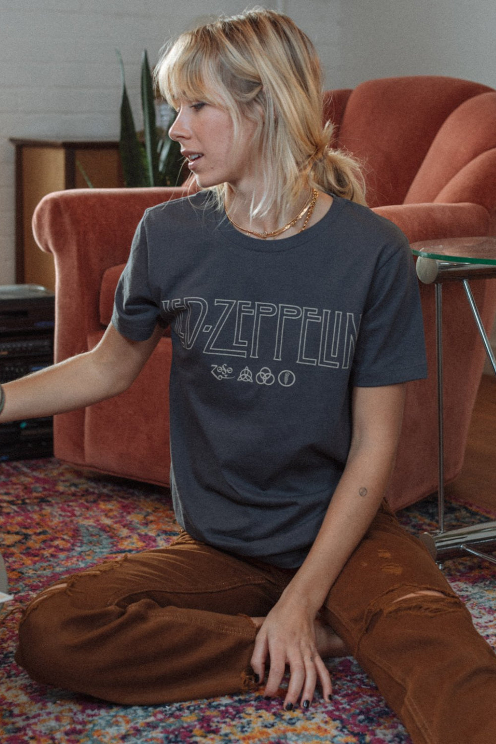 Charcoal Led Zeppelin Logo Tee featuring a classic graphic, short sleeves, and crewneck design, made from 100% cotton.