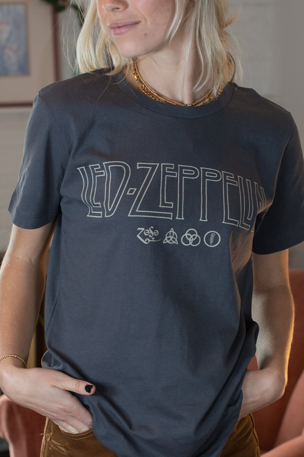 Charcoal Led Zeppelin Logo Tee featuring a classic graphic, short sleeves, and crewneck design, made from 100% cotton.