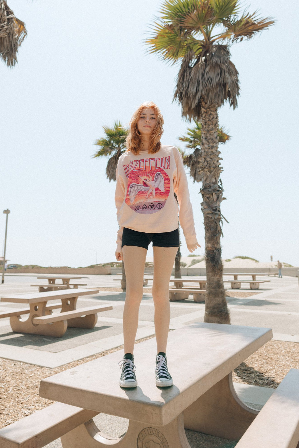 Pacific Pink Led Zeppelin Sweatshirt featuring a crew neck and raglan sleeves, made from 100% organic cotton.