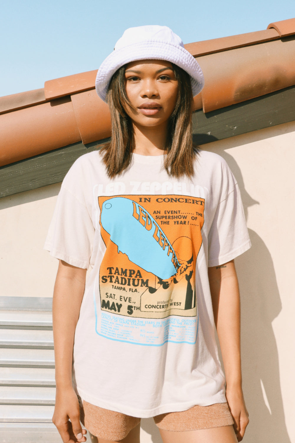 Led Zeppelin Tampa Stadium Boyfriend Tee in ivory color, showcasing a relaxed fit and vintage style, perfect for summer wear.