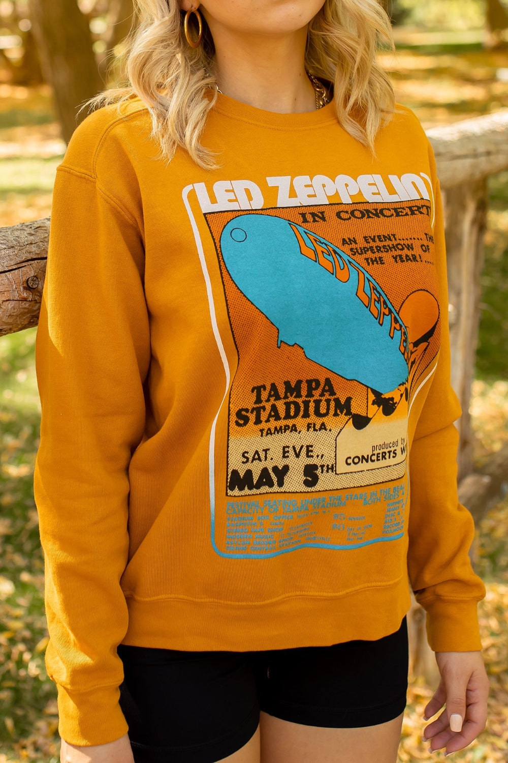 Led Zeppelin 'Tampa Stadium' sweatshirt in maple color with crew neck and raglan sleeves, featuring a bold Led Zeppelin graphic.