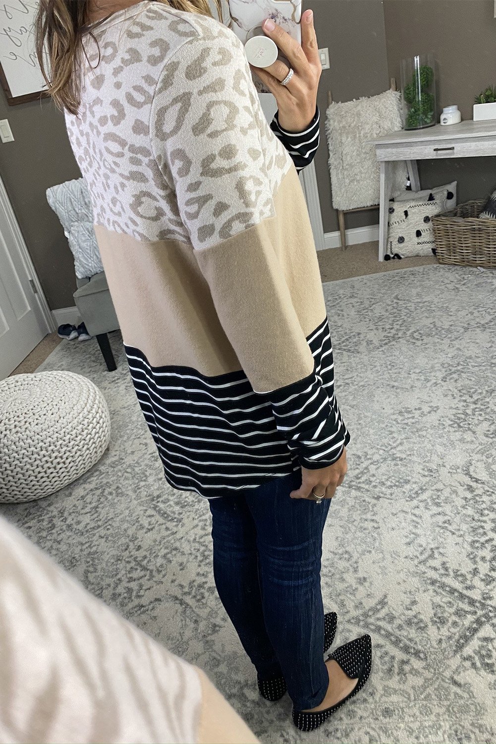 Leopard and Stripe Color Block Long Sleeve Top featuring khaki leopard print with black and white striped cuffs and hem.