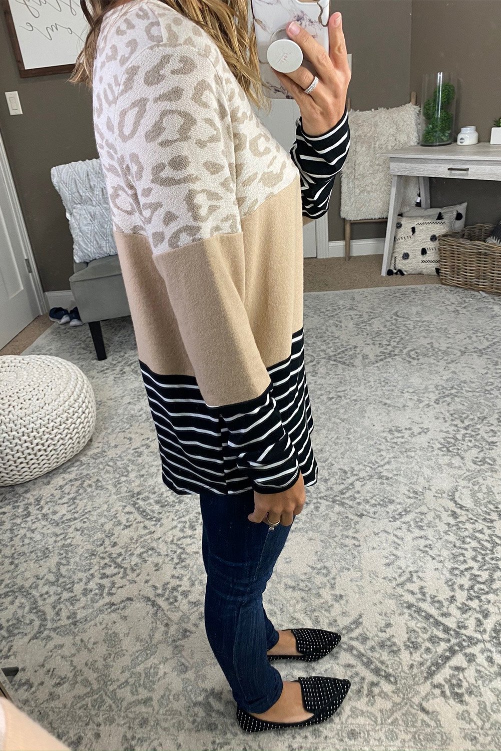 Leopard and Stripe Color Block Long Sleeve Top featuring khaki leopard print with black and white striped cuffs and hem.