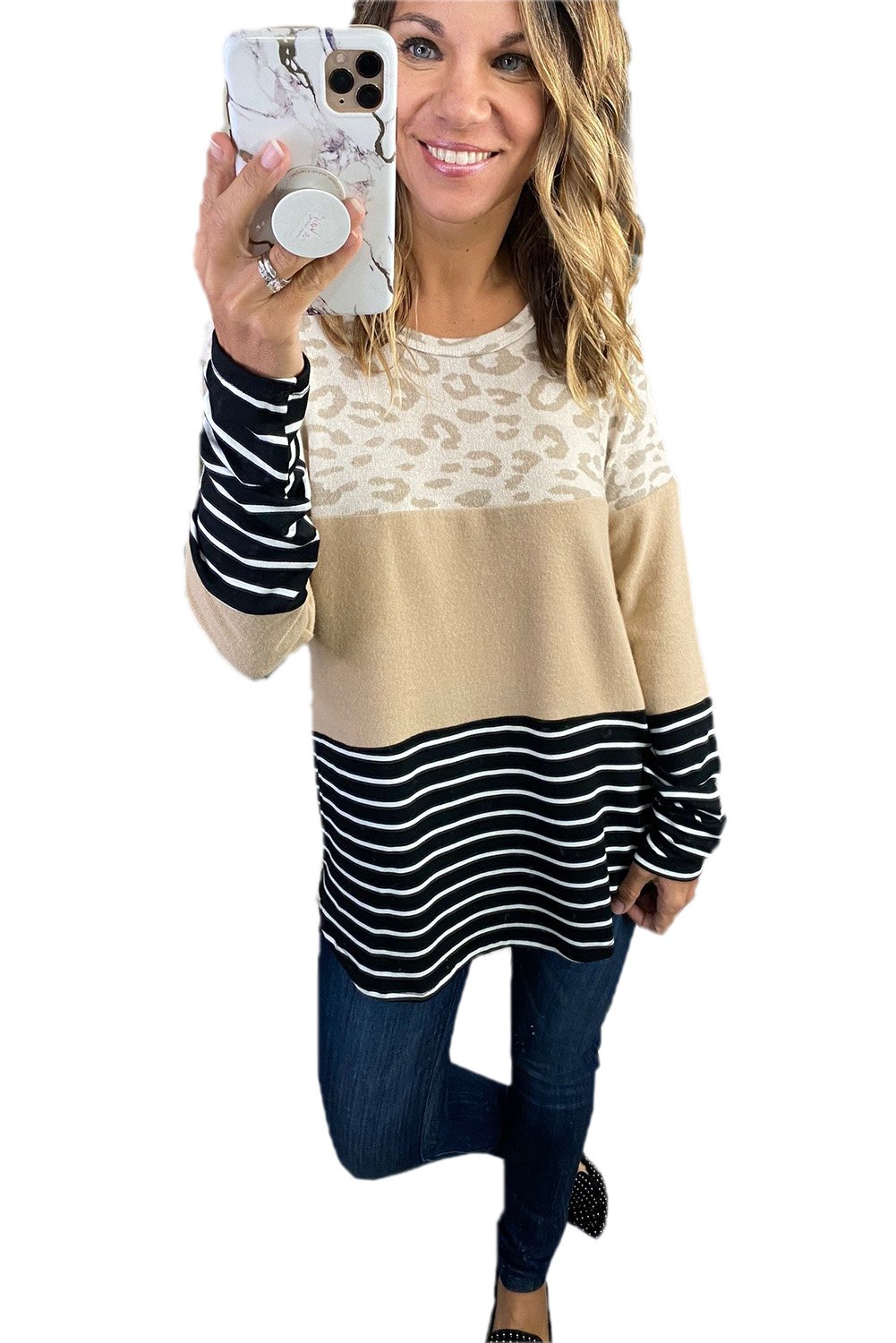 Leopard and Stripe Color Block Long Sleeve Top featuring khaki leopard print with black and white striped cuffs and hem.