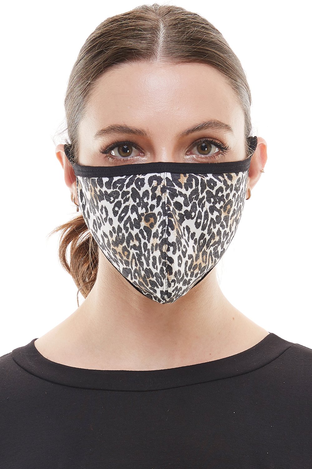 Leopard animal print fashion mask with ear loops, showcasing a stylish design and breathable fabric.