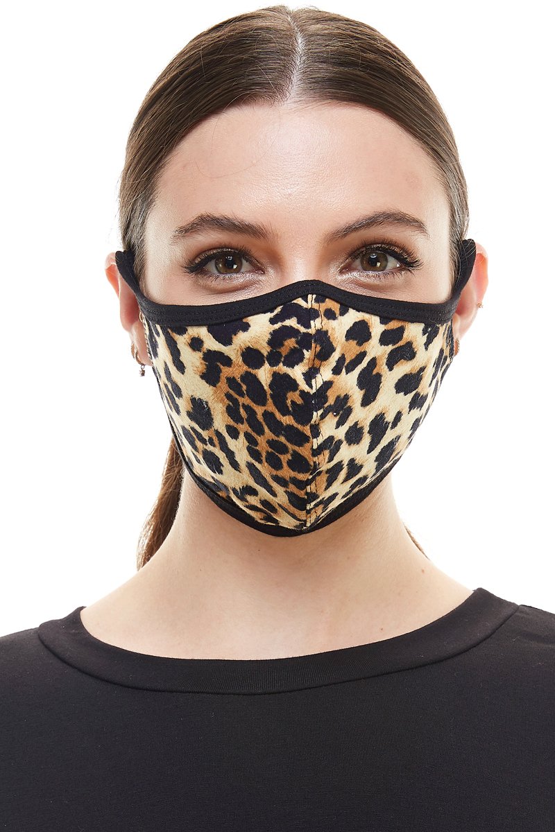 Leopard animal print fashion mask with ear loops, showcasing a stylish design and breathable fabric.