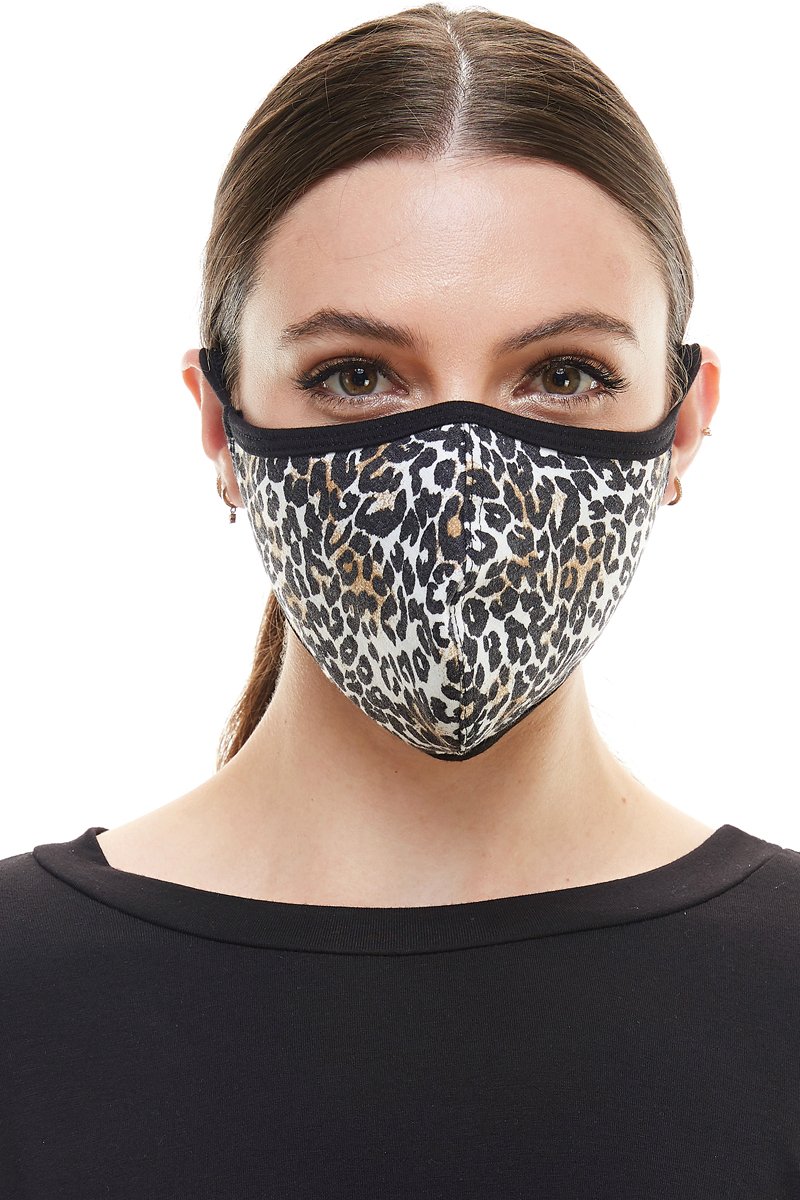 Leopard animal print fashion mask with ear loops, showcasing a stylish design and breathable fabric.