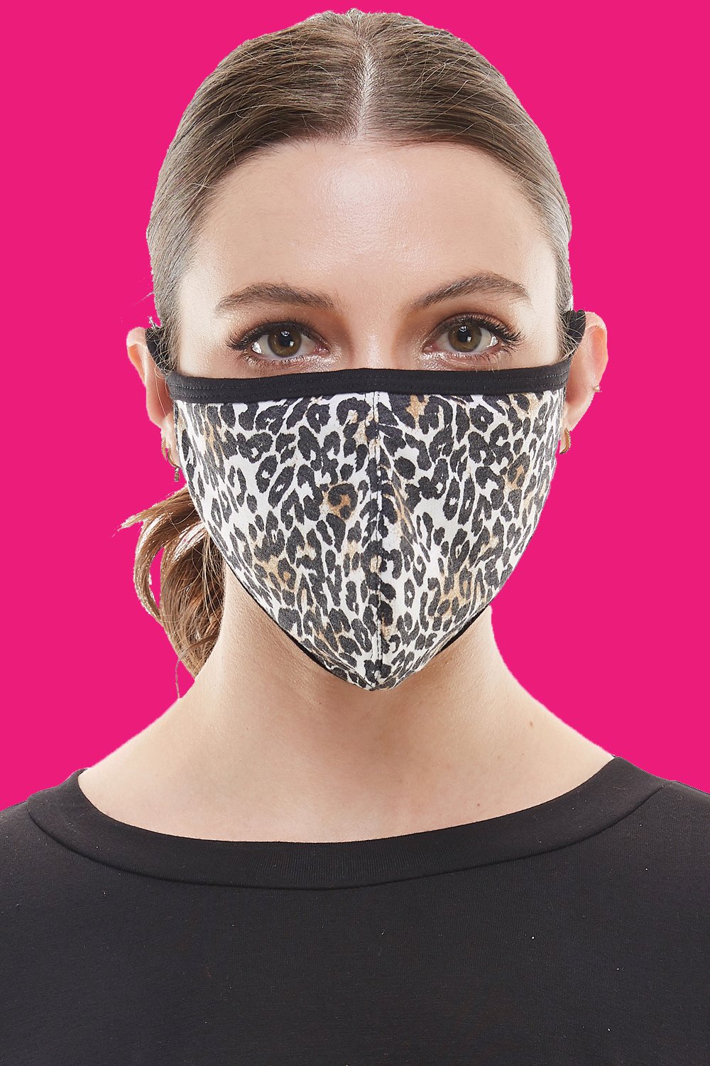 Leopard animal print fashion mask with ear loops, showcasing a stylish design and breathable fabric.