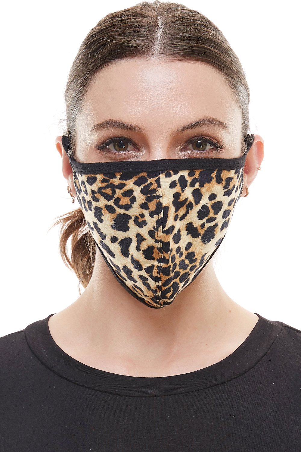 Leopard animal print fashion mask with ear loops, showcasing a stylish design and breathable fabric.