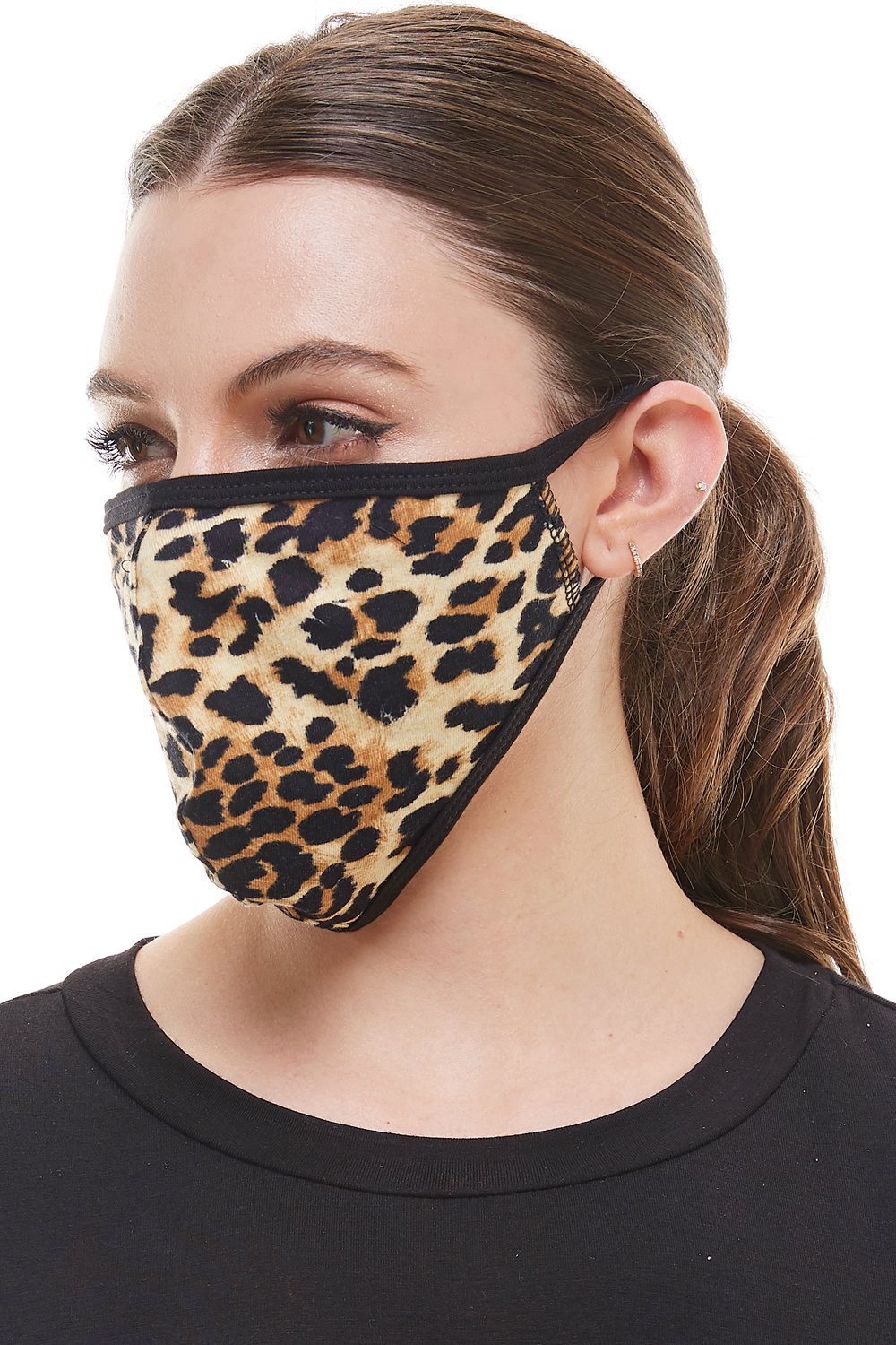 Leopard animal print fashion mask with ear loops, showcasing a stylish design and breathable fabric.