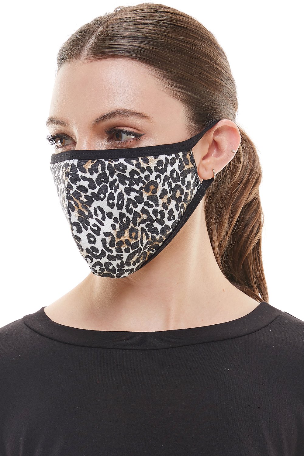 Leopard animal print fashion mask with ear loops, showcasing a stylish design and breathable fabric.