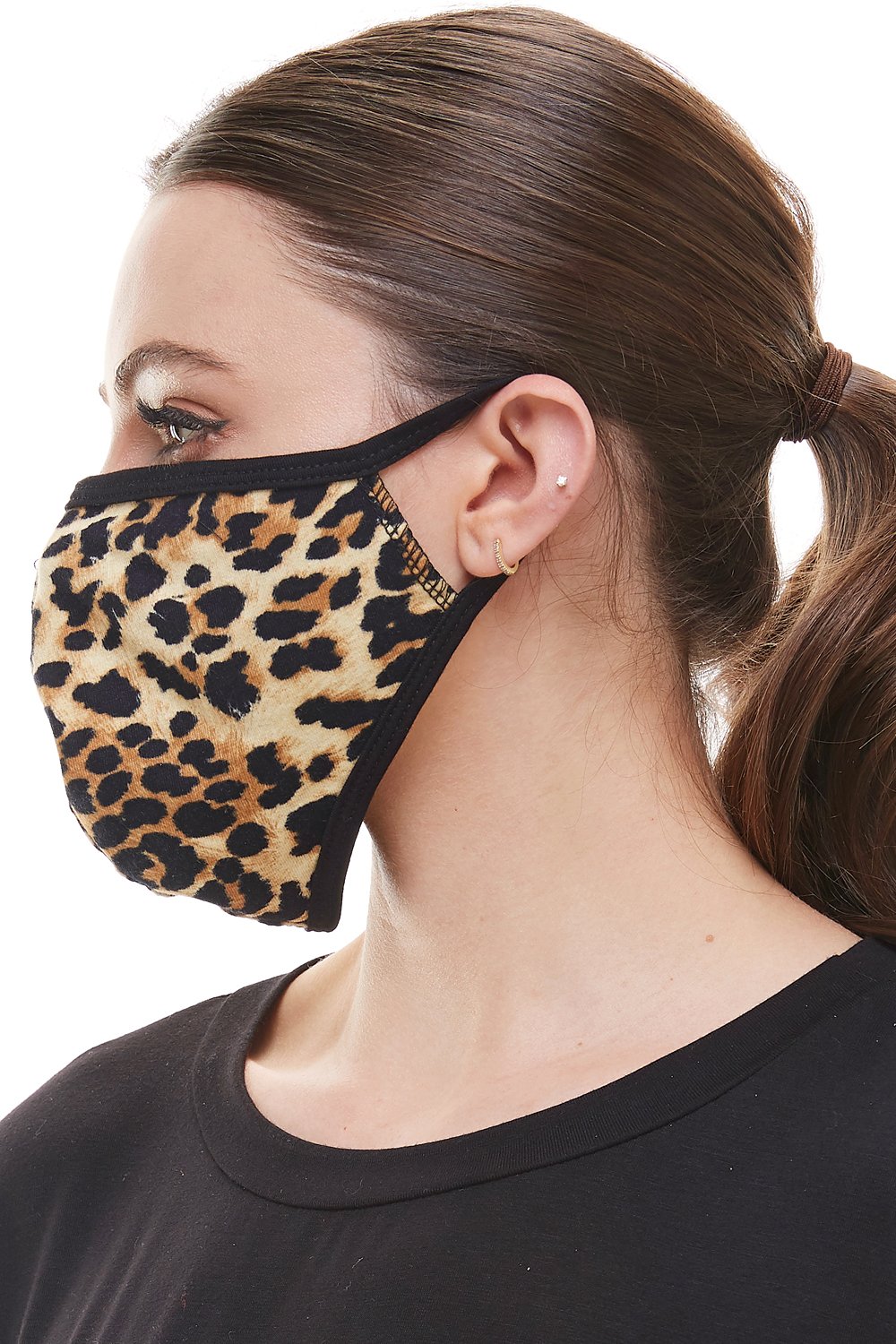 Leopard animal print fashion mask with ear loops, showcasing a stylish design and breathable fabric.