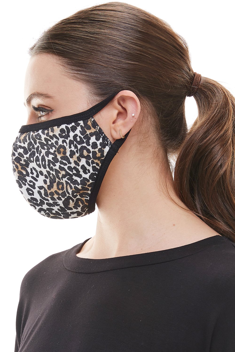 Leopard animal print fashion mask with ear loops, showcasing a stylish design and breathable fabric.