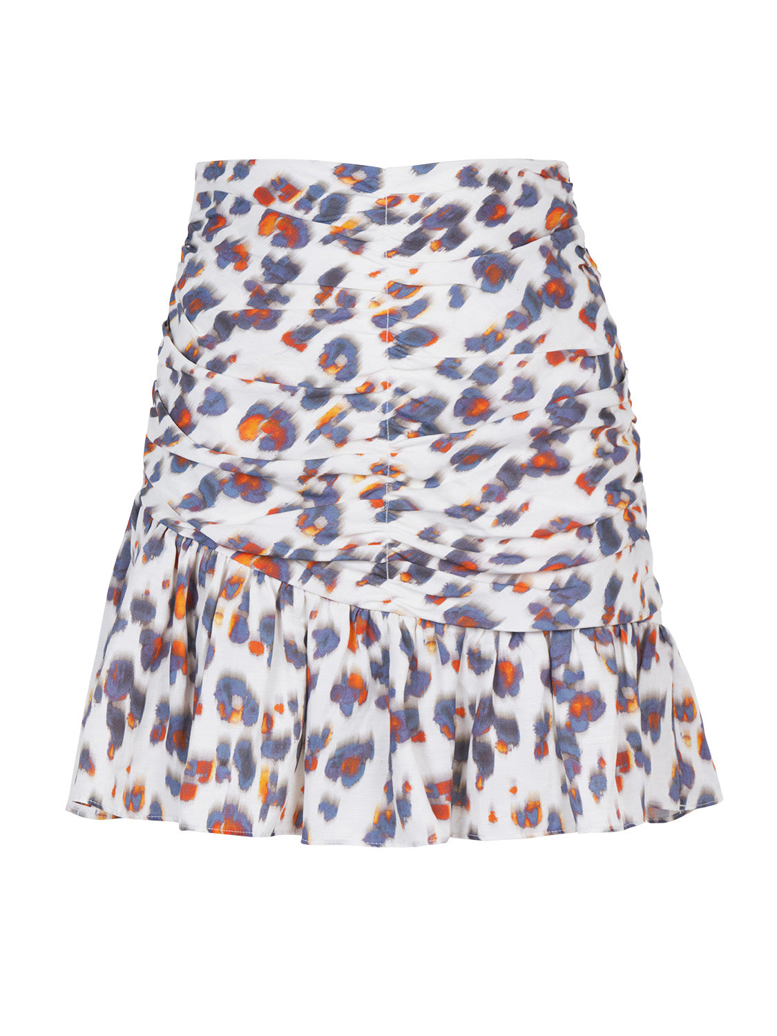 A stylish high-waisted leopard print mini skirt with a draped hem and hidden zip closure, showcasing a unique design with scorched orange details.