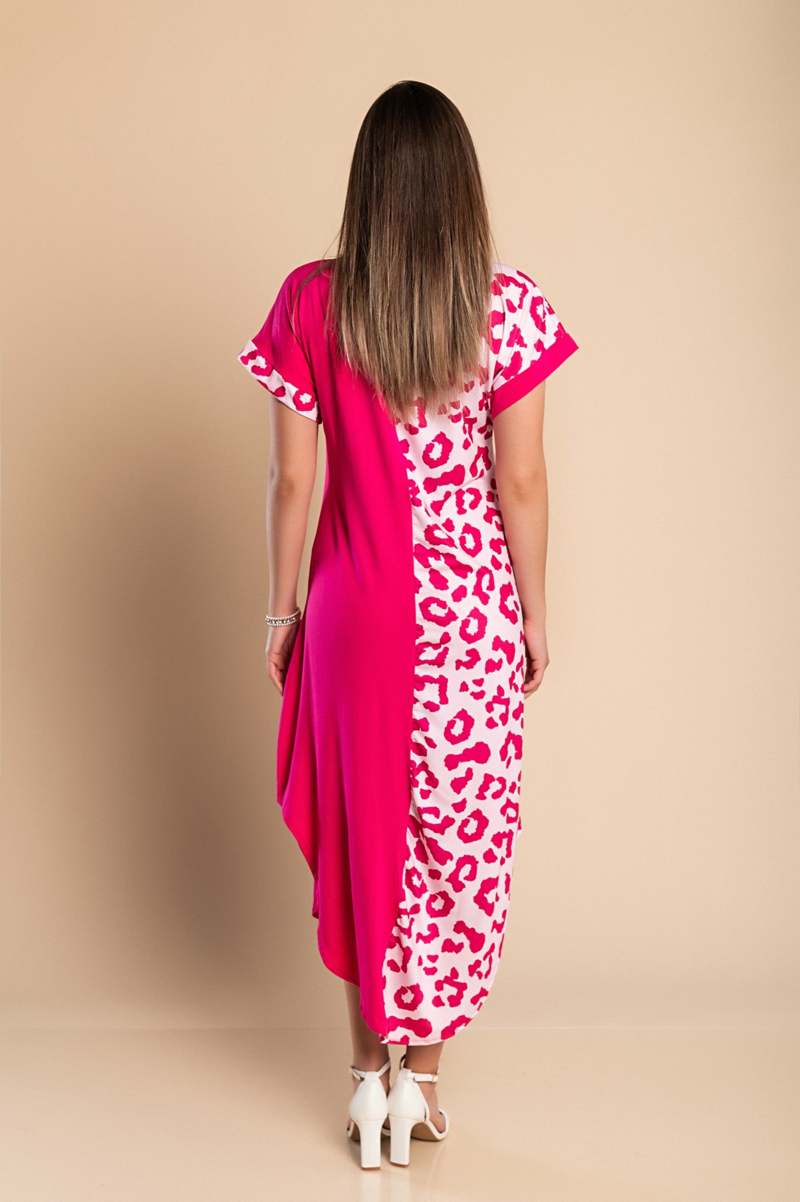 A pink leopard print elegant maxi dress featuring a round neckline, short sleeves, and side slits, made from soft lightweight fabric.