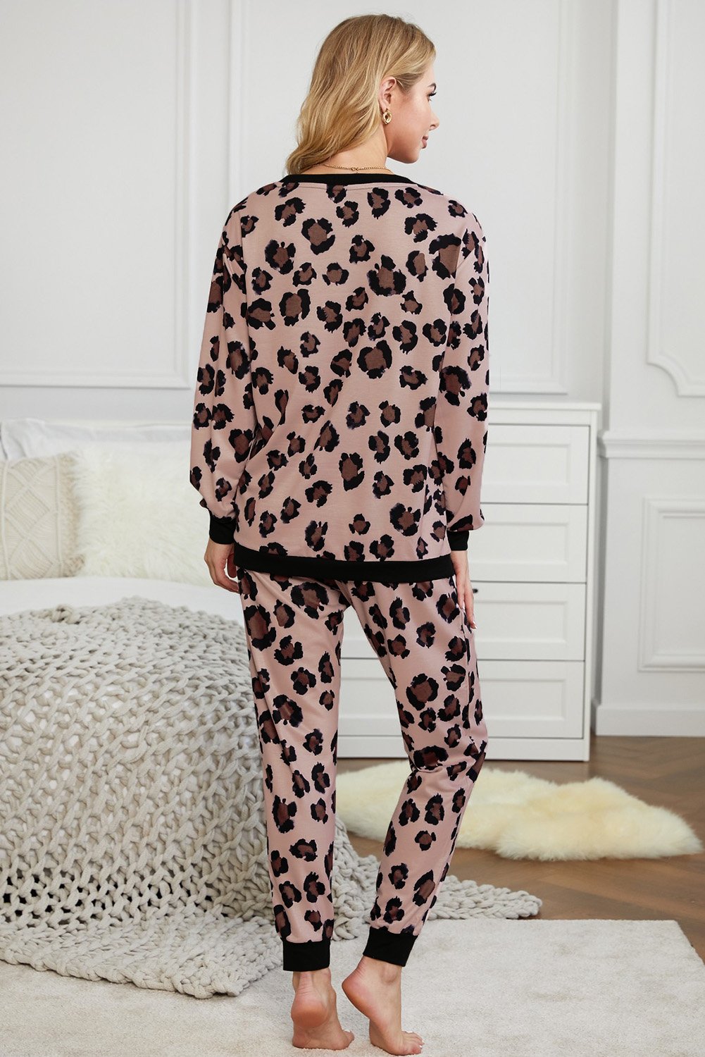 Leopard Print Long Sleeve Pants Loungewear Set featuring a stylish top and jogger pants, perfect for casual wear.