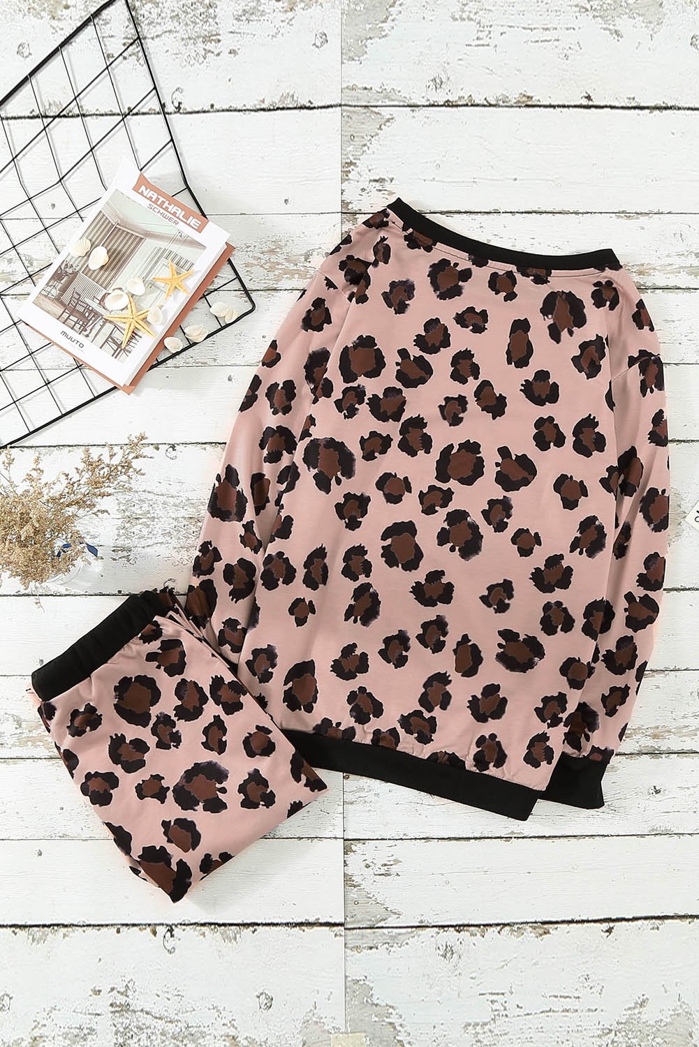 Leopard Print Long Sleeve Pants Loungewear Set featuring a stylish top and jogger pants, perfect for casual wear.