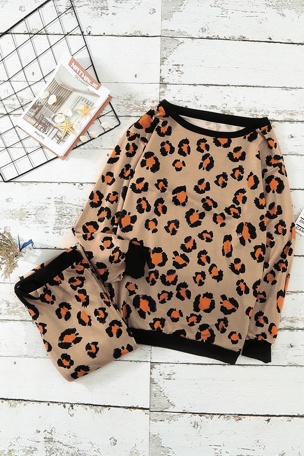 Leopard Print Long Sleeve Pants Loungewear Set featuring a stylish top and jogger pants, perfect for casual wear.