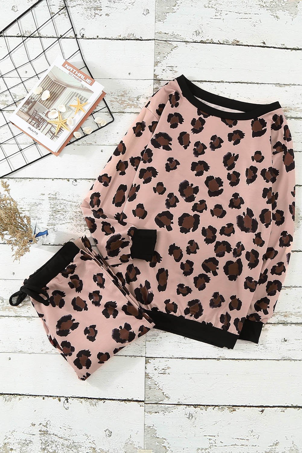 Leopard Print Long Sleeve Pants Loungewear Set featuring a stylish top and jogger pants, perfect for casual wear.