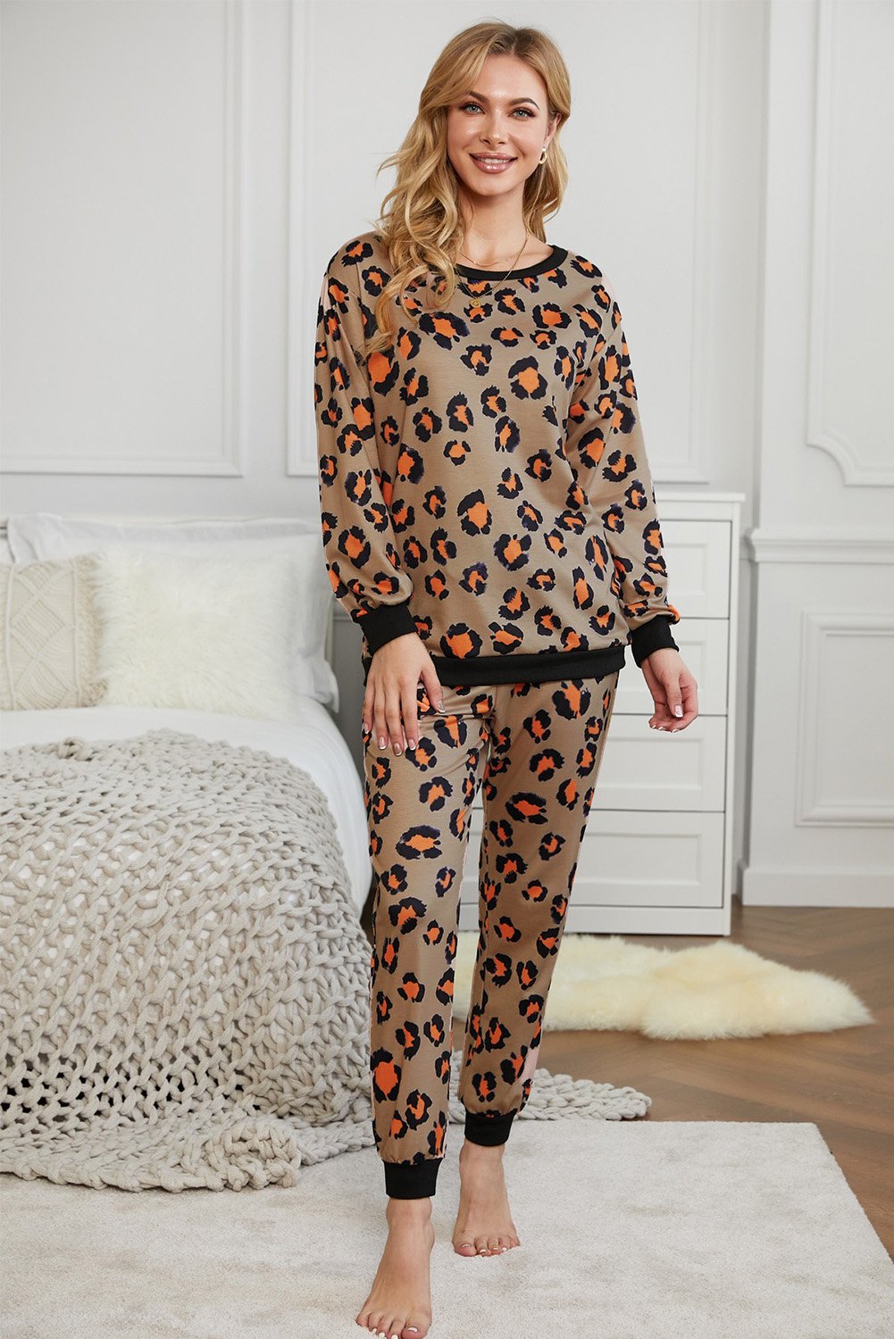 Leopard Print Long Sleeve Pants Loungewear Set featuring a stylish top and jogger pants, perfect for casual wear.