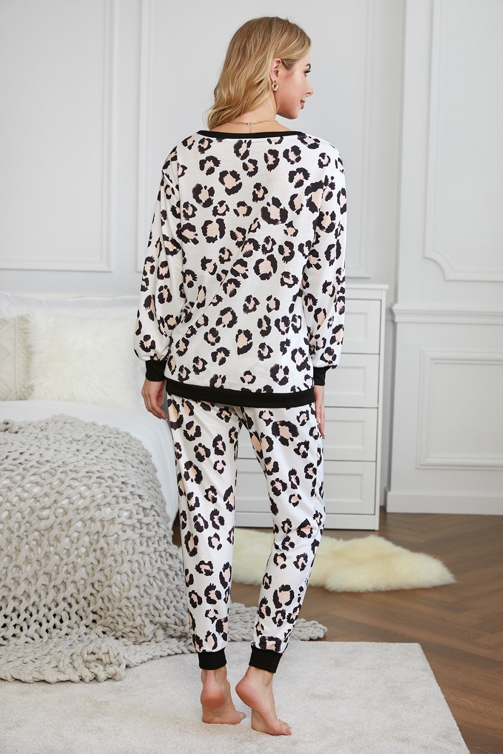 Leopard Print Long Sleeve Pants Loungewear Set featuring a stylish top and jogger pants, perfect for casual wear.