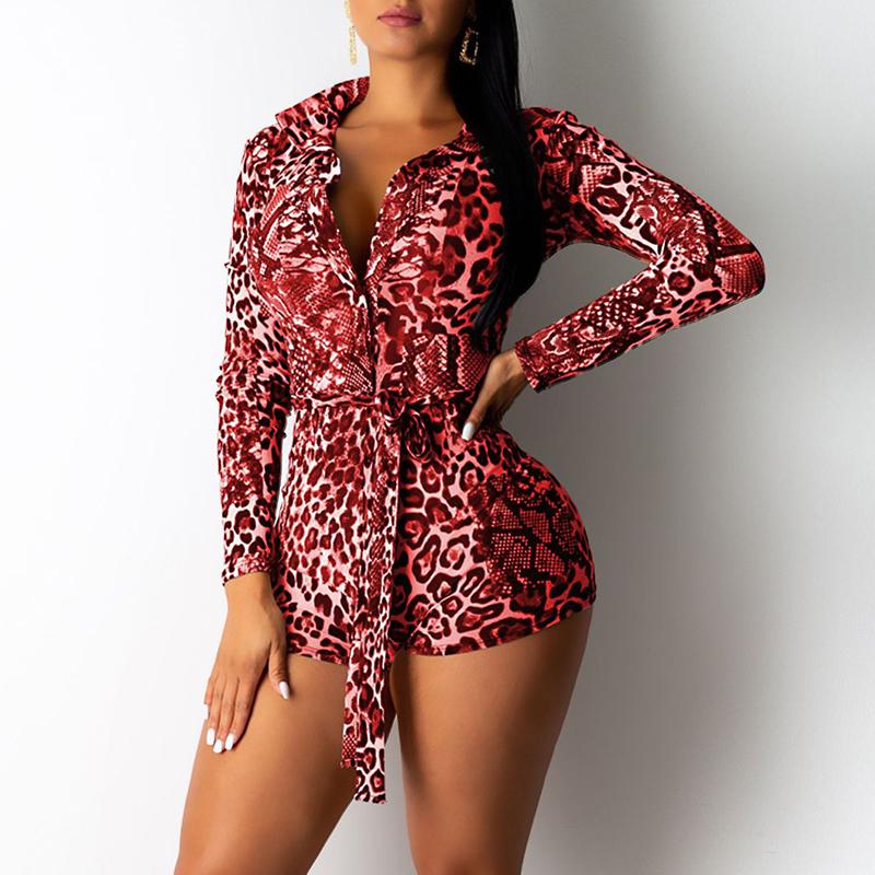 A stylish leopard print long sleeve bodycon playsuit for women, featuring a fitted design and sashes, perfect for autumn outings.