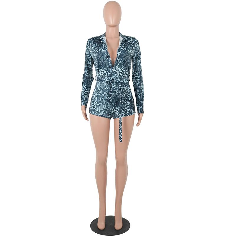 A stylish leopard print long sleeve bodycon playsuit for women, featuring a fitted design and sashes, perfect for autumn outings.