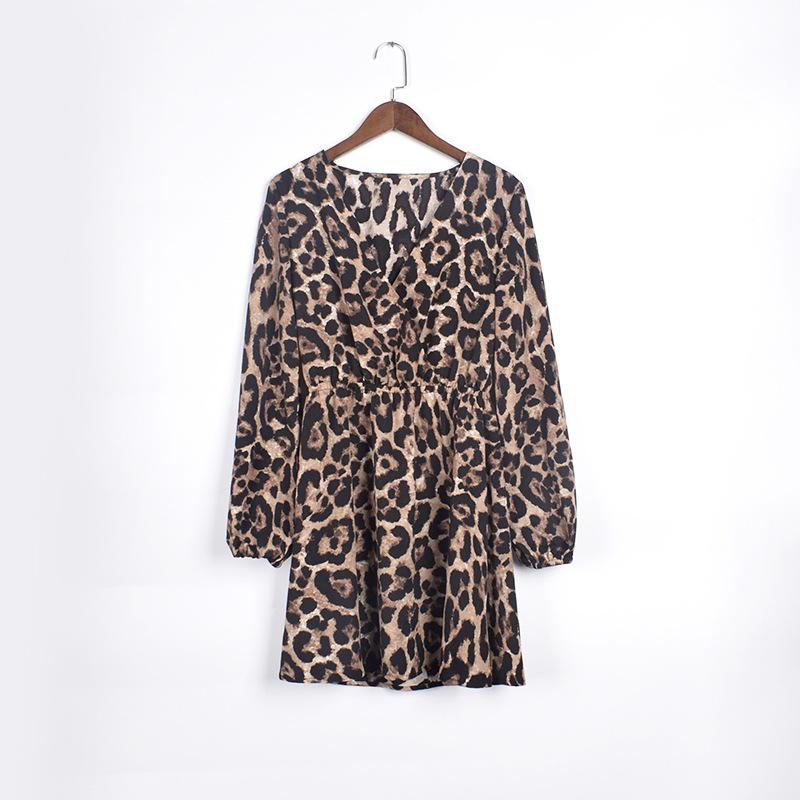 A stylish leopard print off shoulder dress featuring a V-neckline and lantern sleeves, perfect for autumn outings.