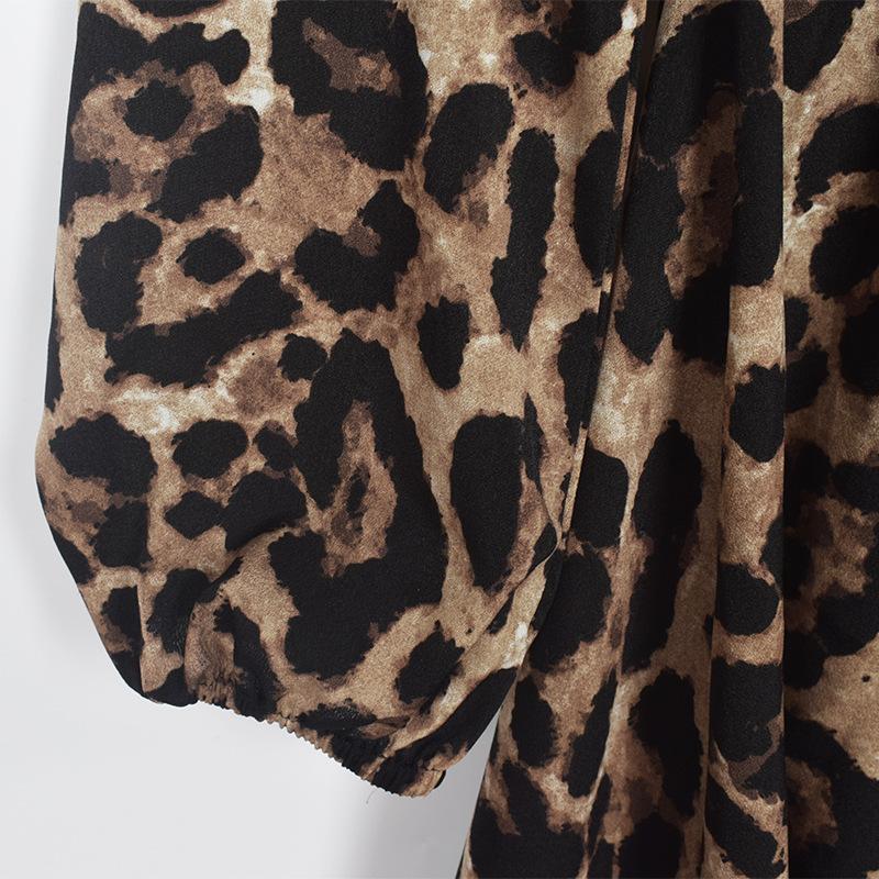 A stylish leopard print off shoulder dress featuring a V-neckline and lantern sleeves, perfect for autumn outings.