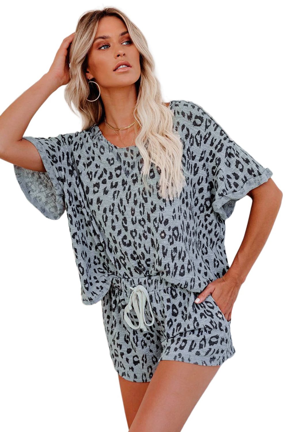 Leopard Print Rolled Sleeve Short Lounge Set featuring a relaxed silhouette and soft knit material, perfect for lounging.