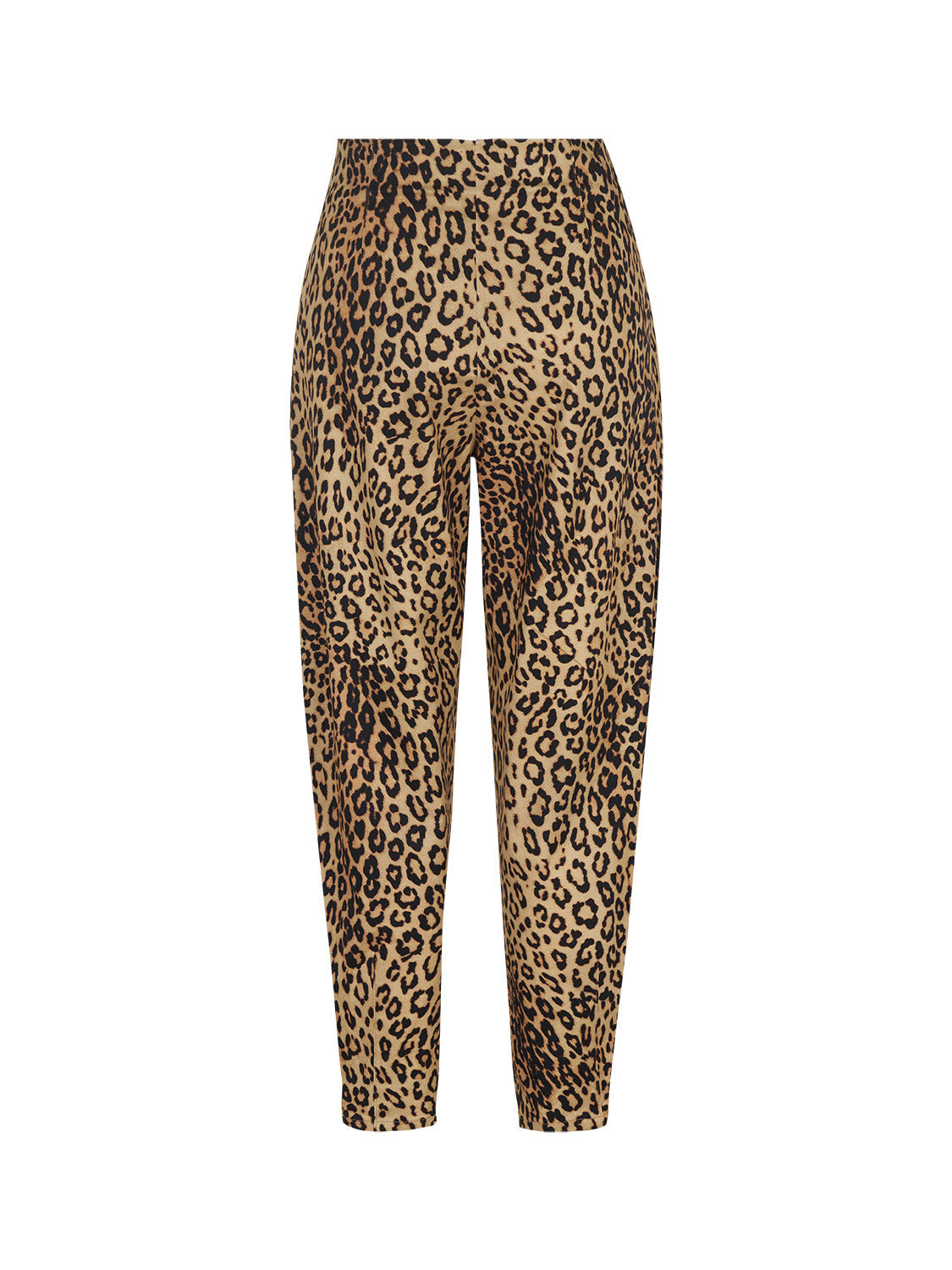 A pair of high-waisted leopard print slouchy pants with side pockets and pleat details, showcasing a trendy and stylish design.