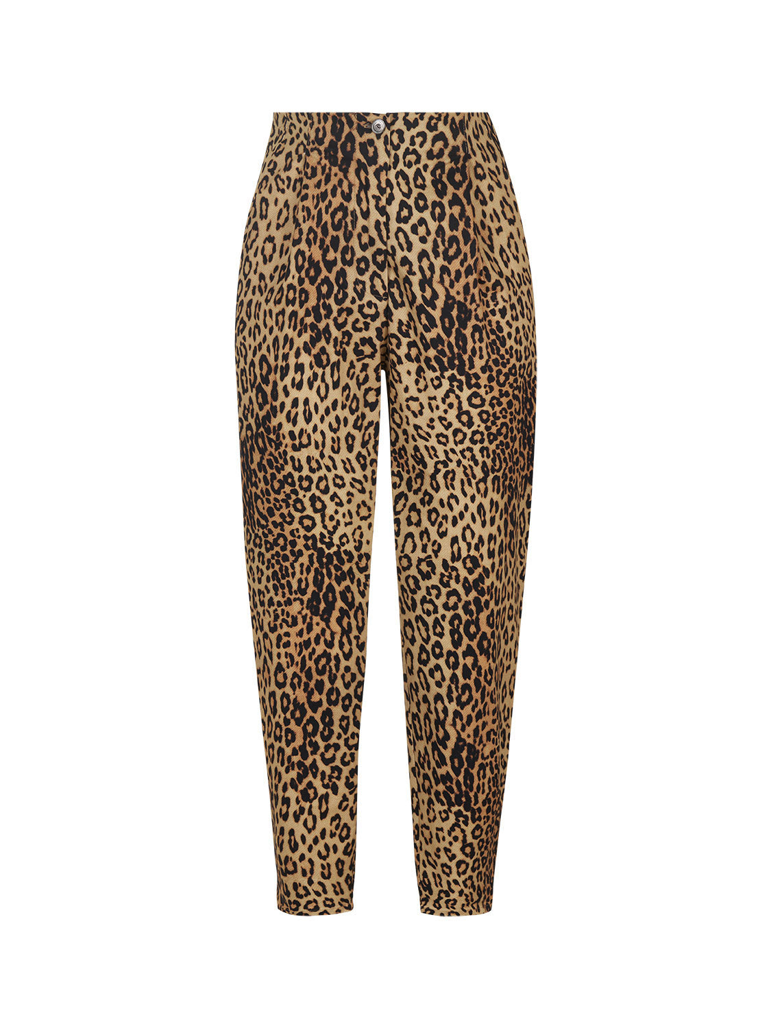 A pair of high-waisted leopard print slouchy pants with side pockets and pleat details, showcasing a trendy and stylish design.