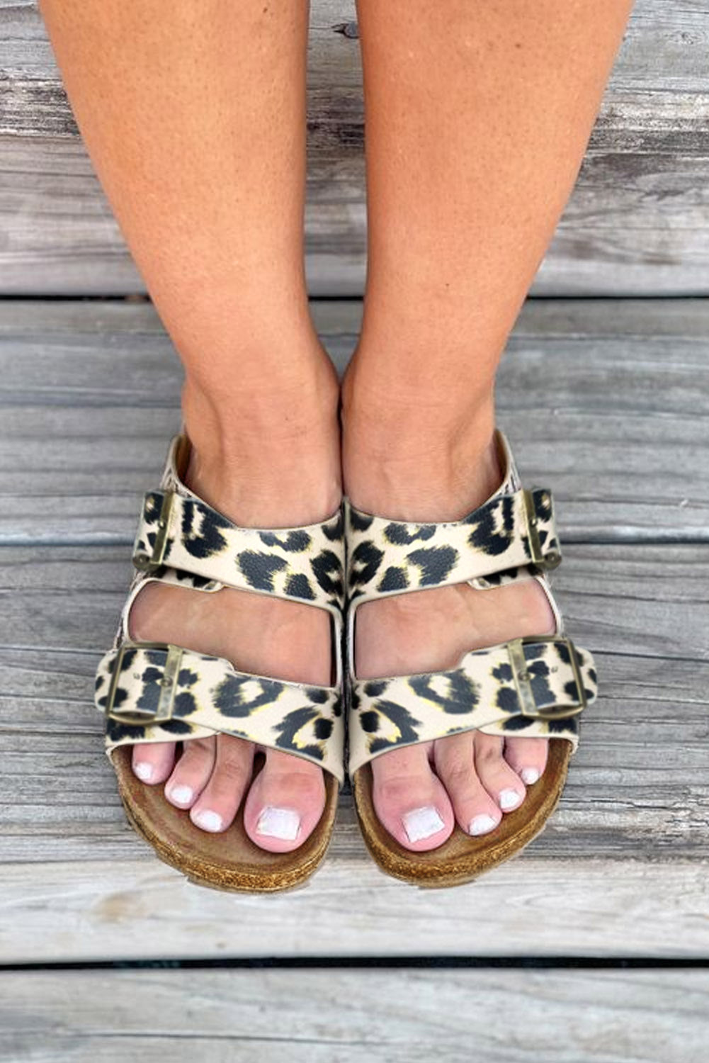 Leopard PU Leather Square Buckle Slippers featuring a bold leopard print and sturdy metal buckle, perfect for stylish comfort.