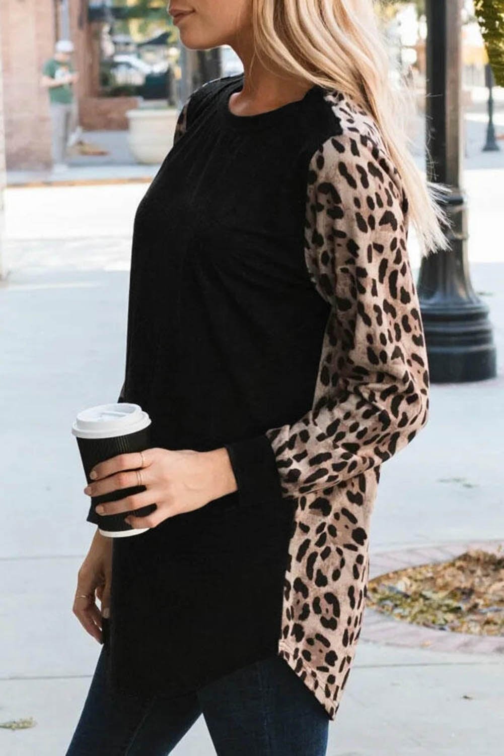 Leopard Splicing Long Sleeve Top featuring solid black front and leopard print back and sleeves, perfect for casual wear.