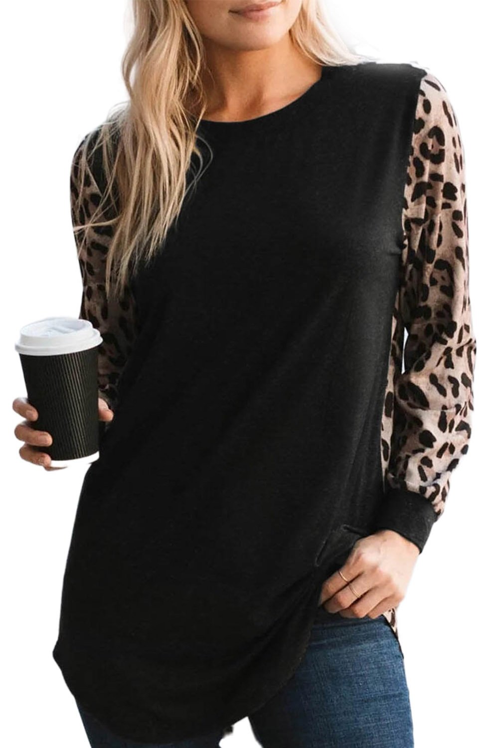 Leopard Splicing Long Sleeve Top featuring solid black front and leopard print back and sleeves, perfect for casual wear.