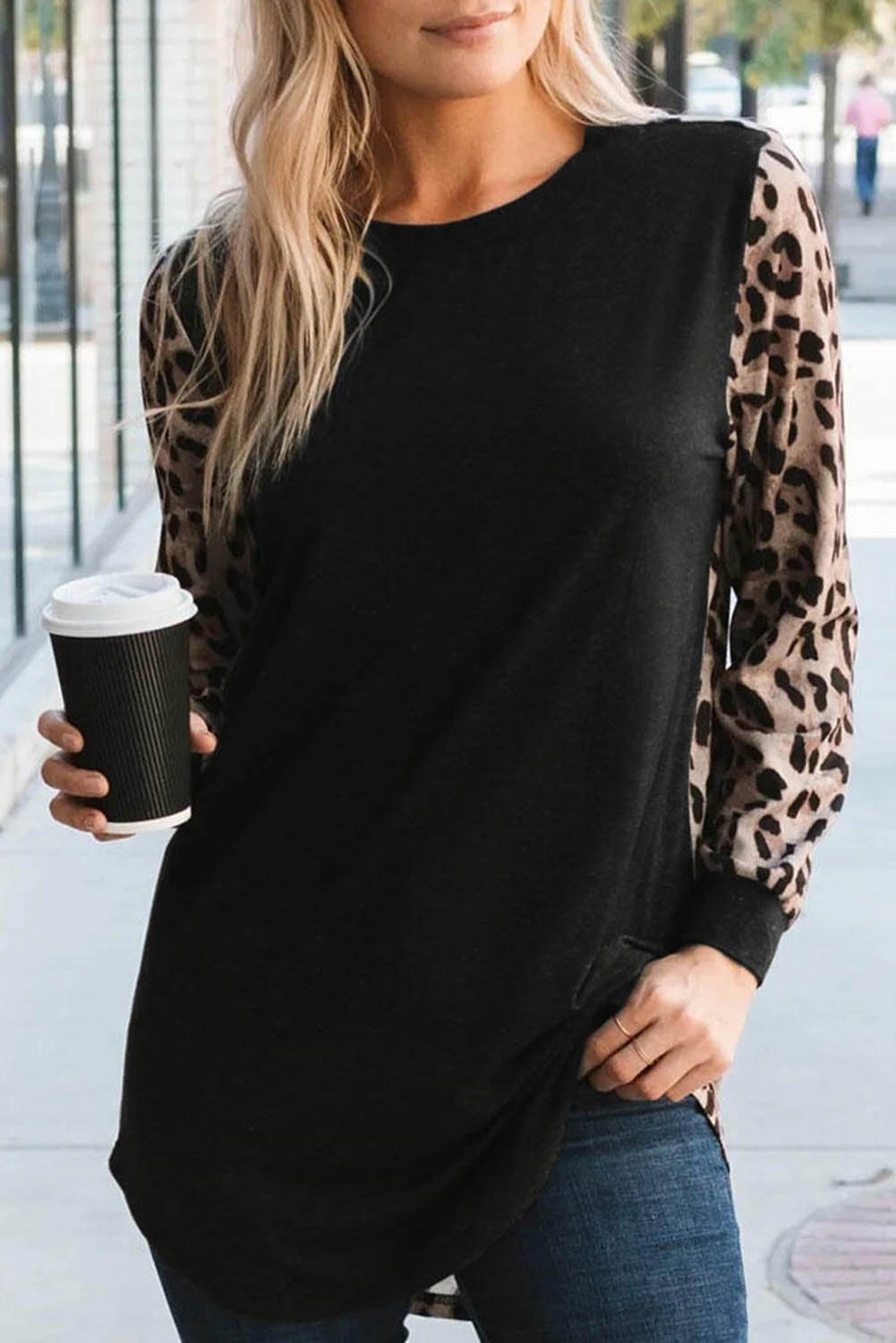 Leopard Splicing Long Sleeve Top featuring solid black front and leopard print back and sleeves, perfect for casual wear.