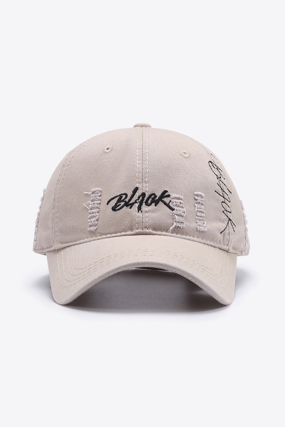 A stylish Letter Graphic Distressed Baseball Cap featuring a trendy embroidered design, made from 100% cotton with a vintage distressed look.