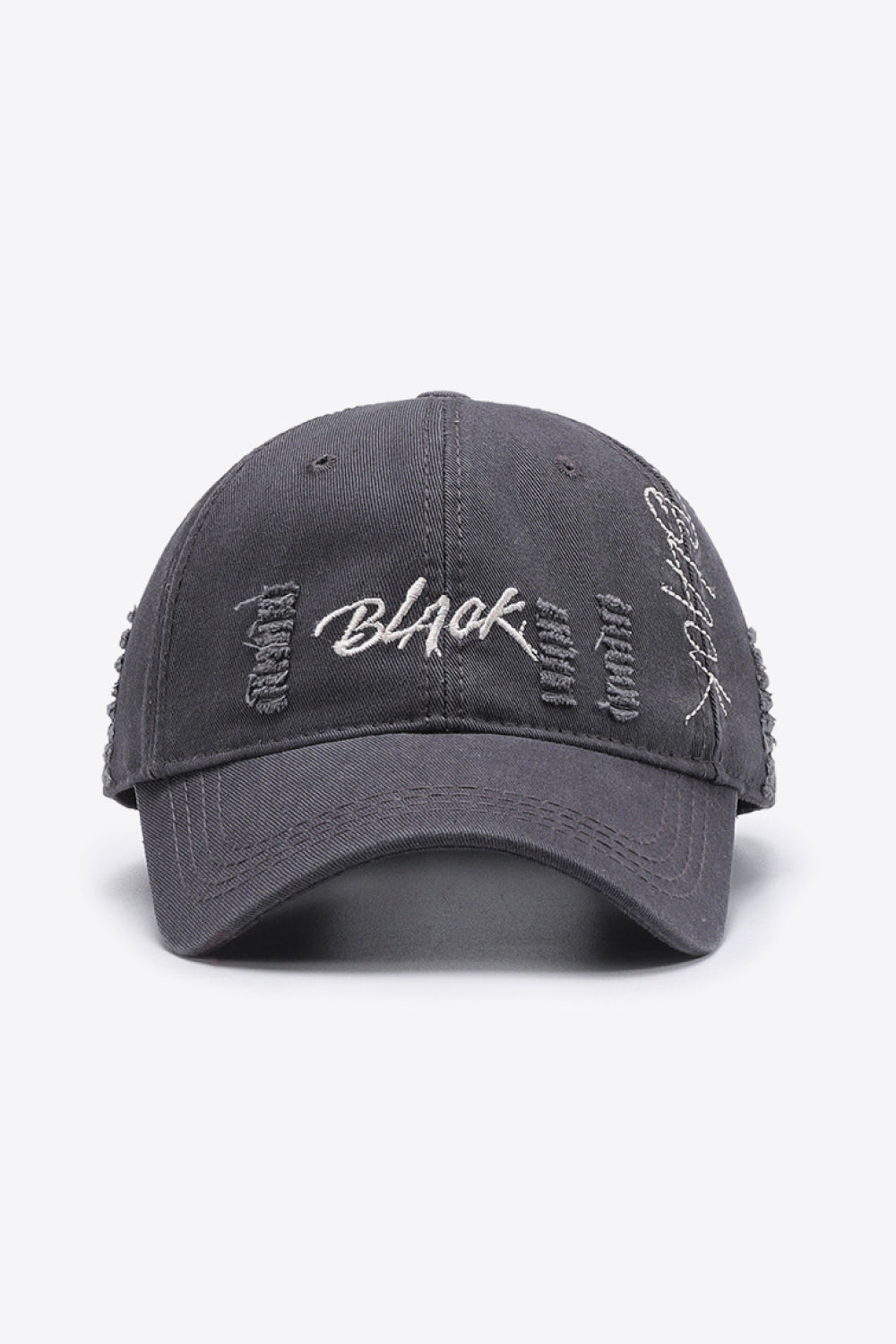 A stylish Letter Graphic Distressed Baseball Cap featuring a trendy embroidered design, made from 100% cotton with a vintage distressed look.