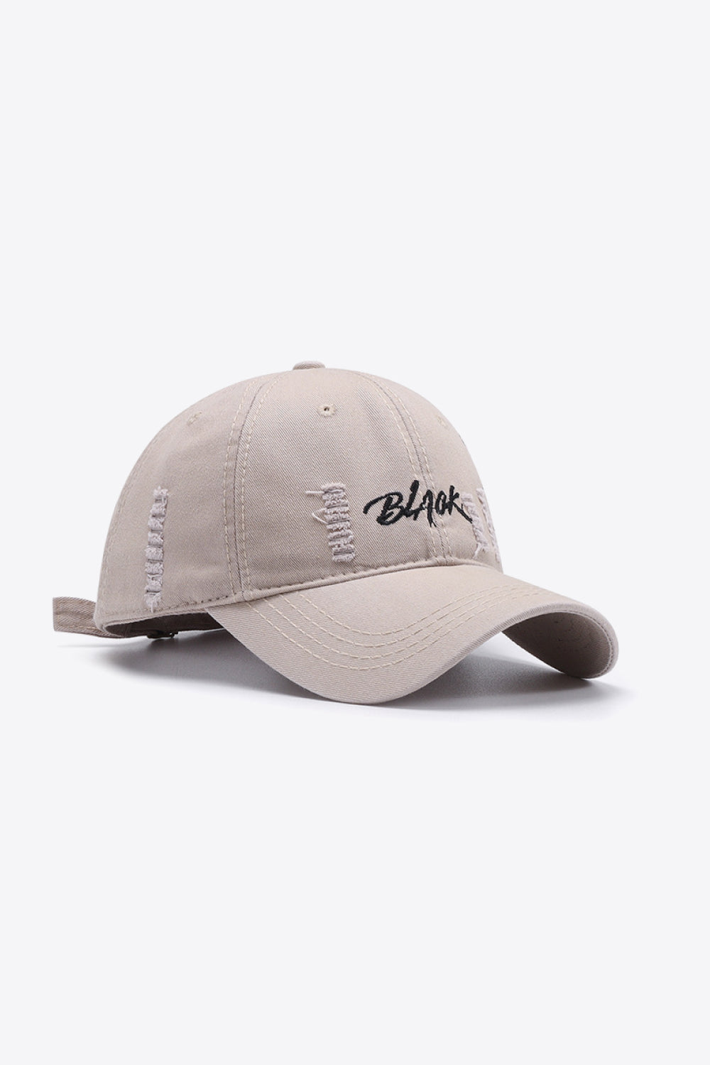 A stylish Letter Graphic Distressed Baseball Cap featuring a trendy embroidered design, made from 100% cotton with a vintage distressed look.