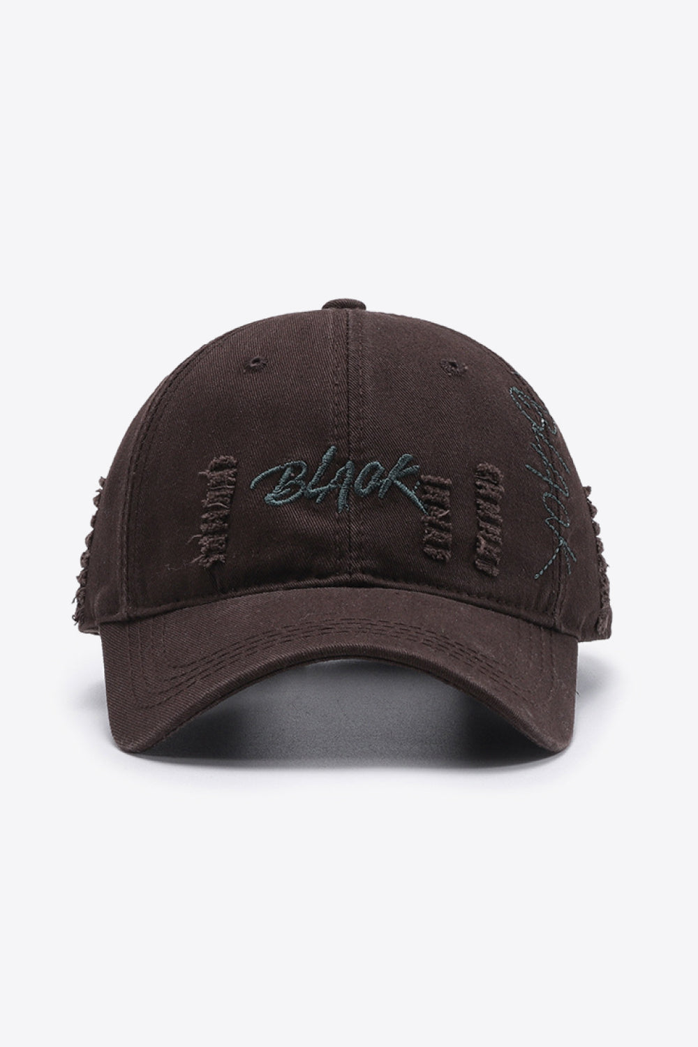 A stylish Letter Graphic Distressed Baseball Cap featuring a trendy embroidered design, made from 100% cotton with a vintage distressed look.